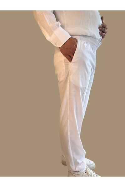 Beratnur Men's White Relaxed Fit Elastic Waist Linen Hajj and Umrah Shalwar Trousers