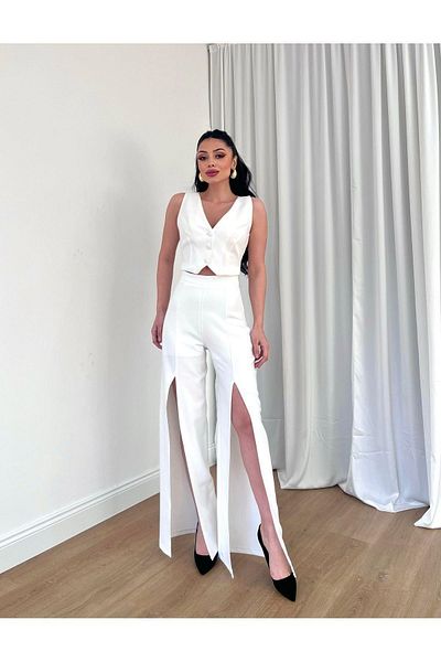 MİSSCİXFASHİON Women's Vest Trousers Suit Front Buttoned Back Adjustable Belt Detail Front Slit Evening Dress