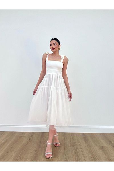 MİSSCİXFASHİON Women's Tulle Midi Evening Dress Tie-Up Strap Detail Flared Skirt Back Low-Cut Evening Dress & Graduation Dress
