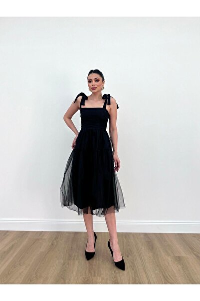 MİSSCİXFASHİON Kadın Tül Midi Abiye Elbise Bağlamalı Askı Detay Kloş Etekli Sırt Dekolteli Abiye & Mezuniyet Elbise