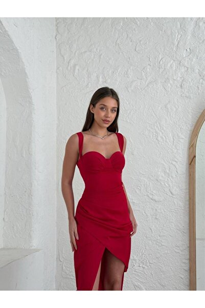 Misscix Women's Evening Dress Thick Straps Sweetheart Neckline Slit Midi Dress - Evening Dress & Graduation Dress