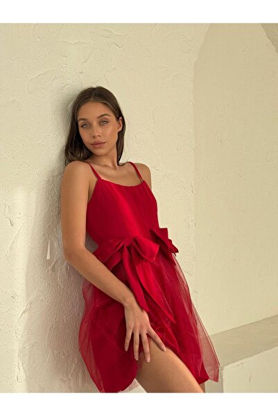 Misscix Kadın Abiye Tül Etekli Beli Çift Fiyonk Kurdelalı İnce Askılı Mini Elbise Abiye & Mezuniyet Elbisesi