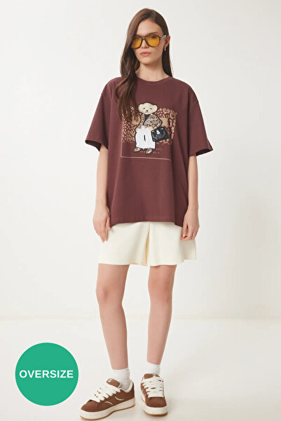 Lovelyİstanbul Ayıcık Armalı Pamuklu Oversize Örme T-shirt KAHVERENGİ LCR0038