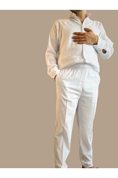 Beratnur Men's White Relaxed Fit Elastic Waist Linen Hajj and Umrah Shalwar Trousers