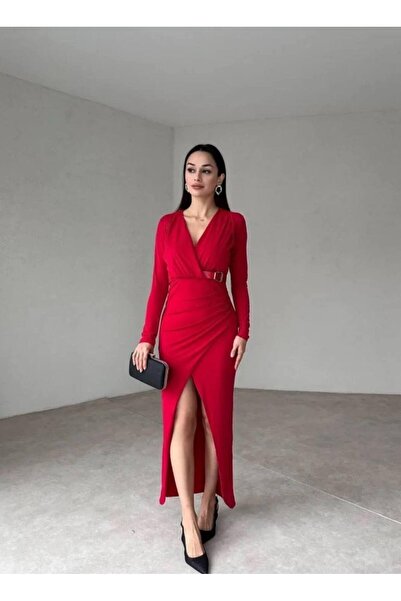 Misscix Kadın Abiye Derin Degaje Yaka Likralı Kemer Detaylı Bodycon Maxi Elbise - Abiye & Mezuniyet Elbisesi