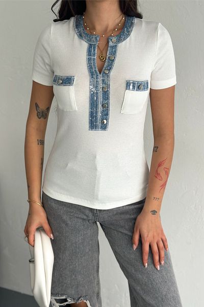 FEMELLE Women's White Denim Detailed Sequin Embroidered 100% Cotton Short Sleeve Knitwear Blouse