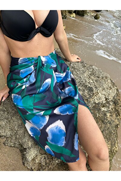 Cherry Lane Satin Front Knotted Floral Patterned Pareo Skirt