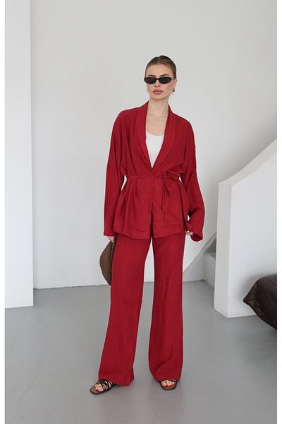 Laluvia Burgunderfarbener Kimono-Anzug mit Schalkragen - 912058