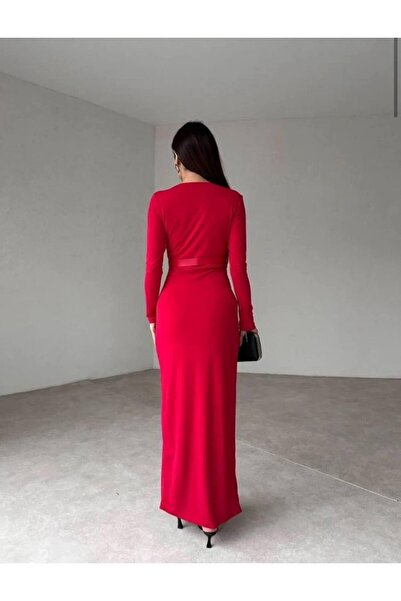 Misscix Kadın Abiye Derin Degaje Yaka Likralı Kemer Detaylı Bodycon Maxi Elbise - Abiye & Mezuniyet Elbisesi