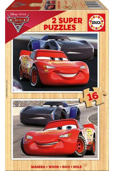 EDUCA Puzzle Cars 3, Disney 2 X 16 Piece Wooden Puzzle