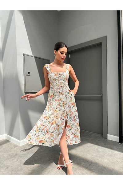 MİSSCİXFASHİON Thick Straps and Rope Tied Floral Print Midi Women's Evening Dress & Graduation Dress