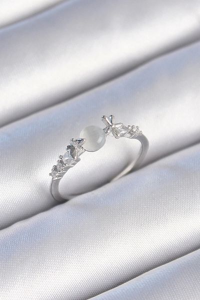 Store Brass Silver Color Zircon Stone White Enamel Butterfly Detail Women's Ring