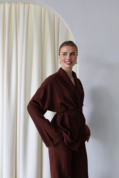 Laluvia Bitterer Kaffee Schalkragen Kimono Set - 912058