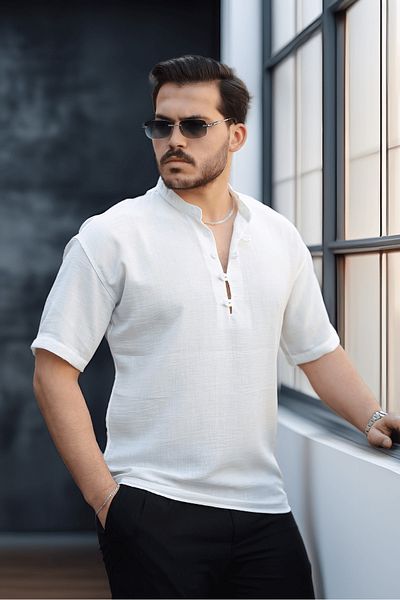 Valiberta Wes Oversize Half Placket Bamboo Short Sleeve Shirt - White