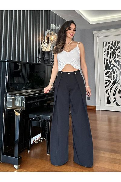 Atelier Derin Gold Buttoned Loose Cut Black Design Trousers
