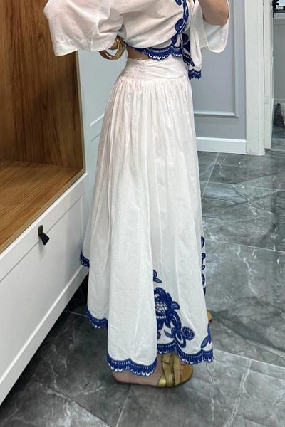 Banu Angay White-Blue Embroidered Shirt Skirt Set