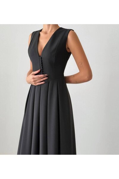 Misscix Kadın Abiye Derin V Yaka Düğme Detaylı Kloş Etekli Midi Elbise - Abiye & Mezuniyet Elbisesi