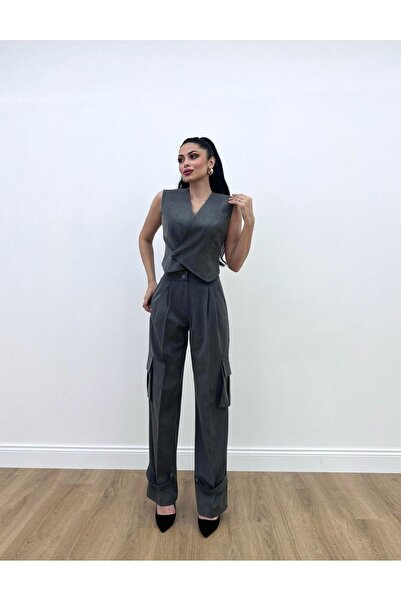 MİSSCİXFASHİON Kadın Abiye Pantolon Yelek Takım Yandan Cepli Paçası Kemer Det...