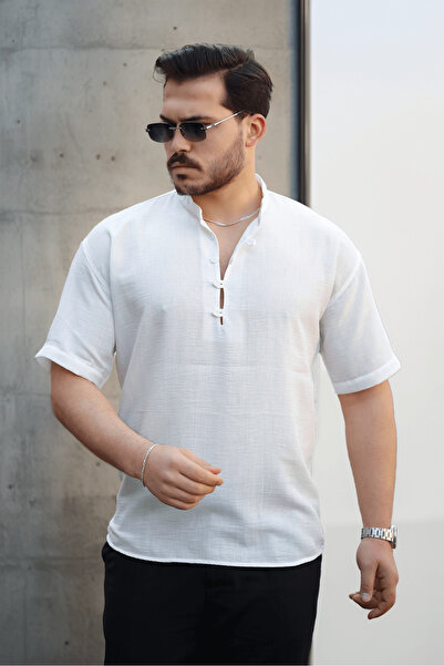 Valiberta Cămașă Wes Oversize Half Placket Bamboo cu mânecă scurtă - albă