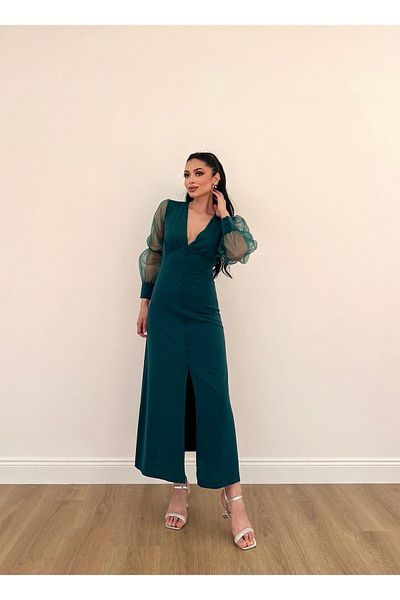 MİSSCİXFASHİON Women's Evening Dress Tulle Transparent Sleeve Detail Front Slit Buttoned Midi Dress Evening Dress & Graduation Dress