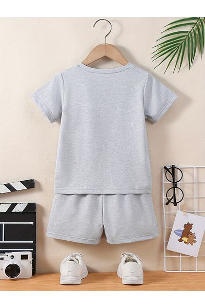 LEONE KOLEKSİYON Printed Cotton Children's Shorts Set - for Summer Crew Neck