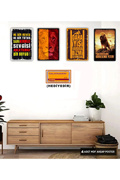Hayal Poster Sarı Kırmızı Galata Futbol Taraftar Retro Ahşap Poster Set 4adet (20x30 Cm 3mm Mdf )