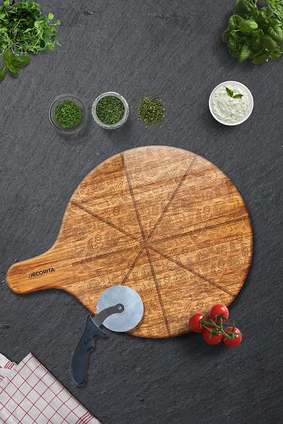 Decorita Pizza Presentation Glass with Handle and Cut Channel |   Wooden Patterned |   36cm X 47cm