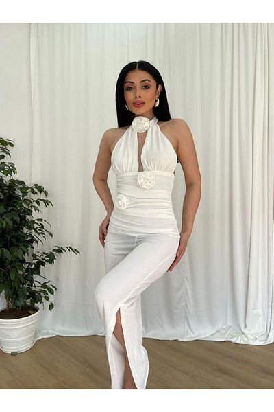 MİSSCİXFASHİON Women's Halter Neck and Rose Detailed Evening Jumpsuit - Halter Neck