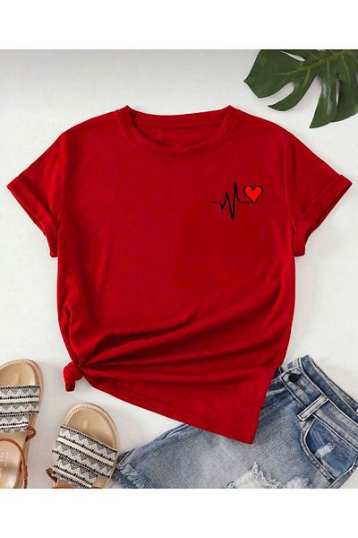 khufu Unisex Oversize Heart Rhythm Printed Red T-Shirt