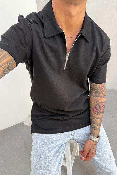 MADZEYMODA Ανδρικό μπλουζάκι με φερμουάρ με φερμουάρ, μαύρο KE-7010
