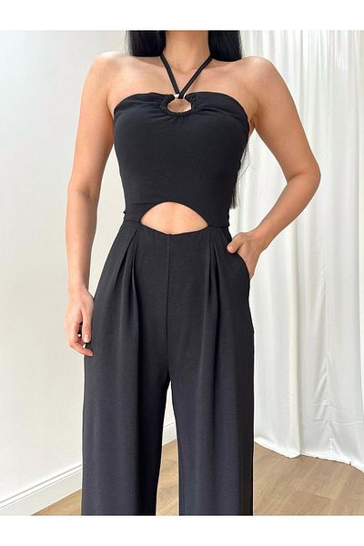 MİSSCİXFASHİON Evening Dress Women's Jumpsuit Strapless Chest Ring Detailed Halter Neck Low-Cut-Evening Jumpsuit Dress