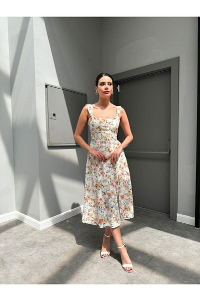 MİSSCİXFASHİON Thick Straps and Rope Tied Floral Print Midi Women's Evening Dress & Graduation Dress