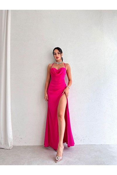MİSSCİXFASHİON Corset-Shaped Back Low-Cut Deep Slit Thin Strap Midi Fuchsia Dress