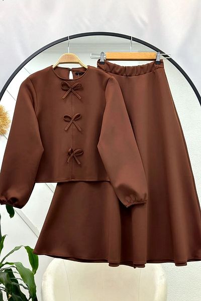 Tesettür Diyarı Tunic, Scuba Hijab Suit with Bow Skirt and Light Brown