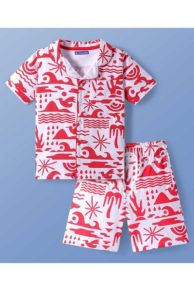 Pine kids طقم قميص وشورت للأطفال من باين بطبعة شاطئية - أحمر