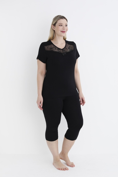 Cotpark Μαύρο κοντομάνικο νυχτικό με ρουτσέ μεγάλου μεγέθους κάτω-επάνω σετ Capri 14436-b