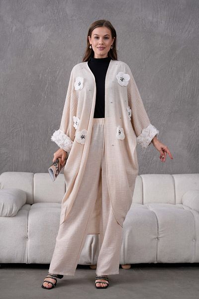 Miss Allos Women's Front Floral Embroidered Stone Detailed Linen Kimono and Pants Bottom Top Set