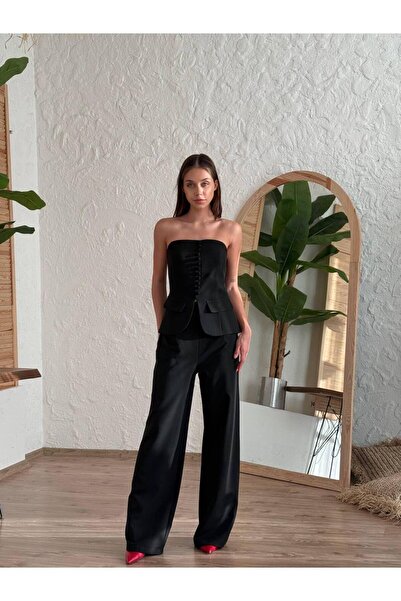 Misscix Kadın Abiye Şık Düğmeli Straplez Yelek Pantolon Takım - Abiye & Mezun...