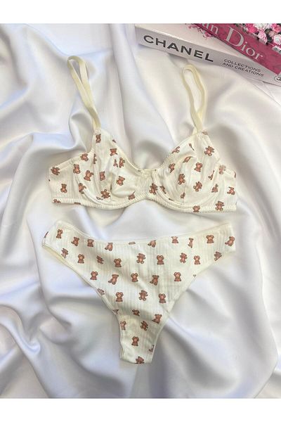 İNKO İÇ GİYİM Teddy Bear Patterned Underwire Cotton Combed Bra Set (Bra Thong)