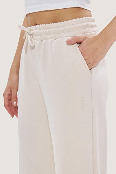 Hney Krem Rengi Modal Kumaş Geniş Paça Kadın Palazzo Eşofman Altı Iki Cepli, Yüksek Bel, Spor Ve Günlük