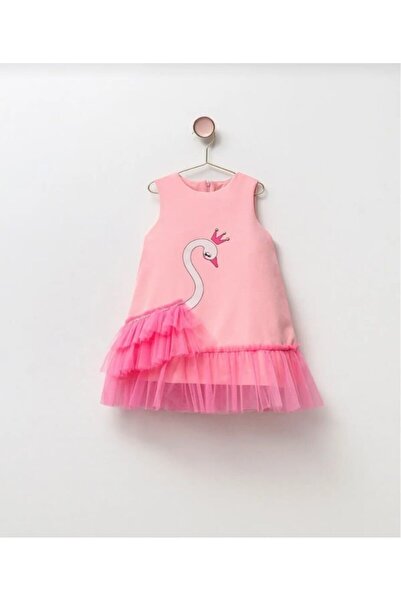 Canwin Kuğu Desenli Tül Detaylı Şık Çocuk Elbise Beyaz