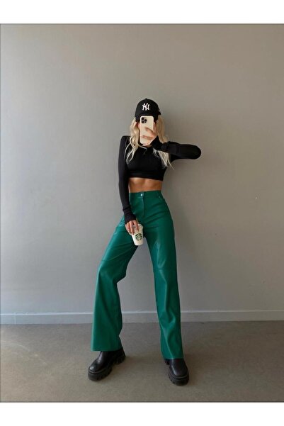 MİSSCİXFASHİON Yumuşak Vegan Deri İspanyol Paça Pantolon