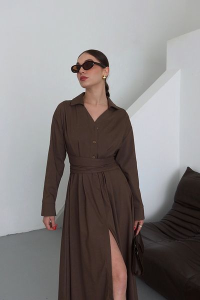 Laluvia Brown Pleated Belted Dress - 2272