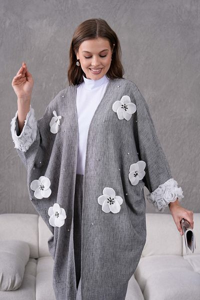 Miss Allos Women's Front Floral Embroidered Stone Detailed Linen Kimono and Pants Bottom Top Set