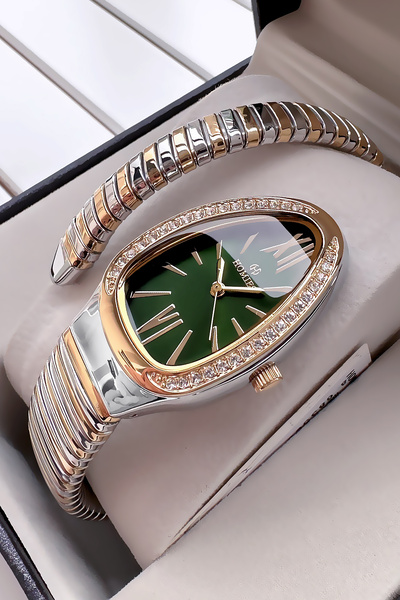 Homies ساعة يد نسائية موديل ثعبان محاصر خاص 3 Atm مقاومة للماء بلونين سوار من الفولاذ Hmb3011c2