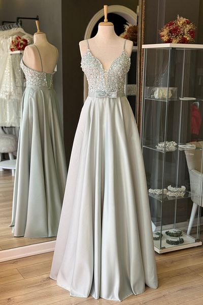 Lenta Moda Water Green Ribbon Belt Detail and Embroidered Lace Overlay Satin Evening Dress/Evening Gown