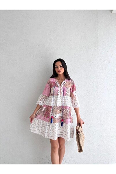 MİSSCİXFASHİON Dantel Detaylı Desenli Mini Yazlık Elbise