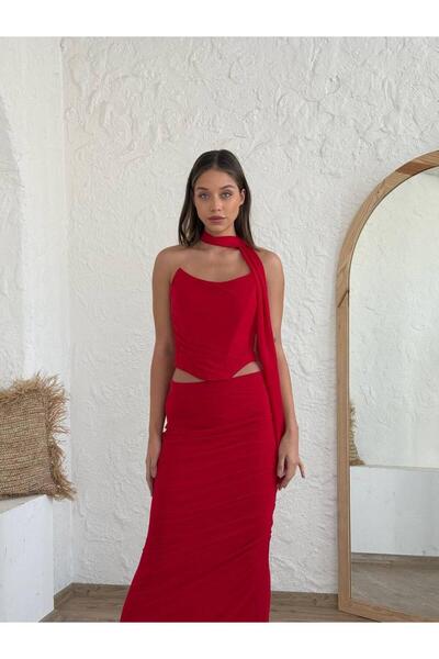 BEAUTY FASHİON Kadın Abiye Uzun Etek Straplez Crop Takım - Abiye & Mezuniyet Elbiseleri