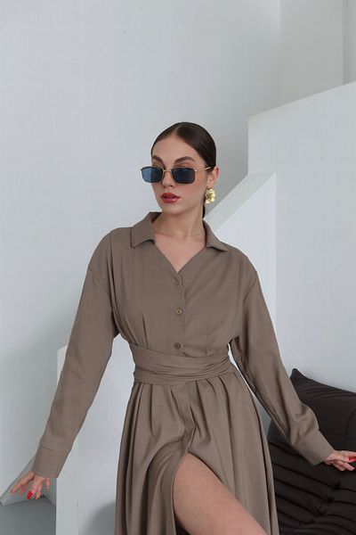 Laluvia Khaki Pleated Belted Dress - 2272