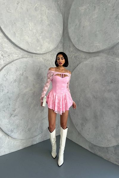 XXL BUTİK XXL Boutique rochie mini detaliată din dantelă roz pentru femei X-NBDF107